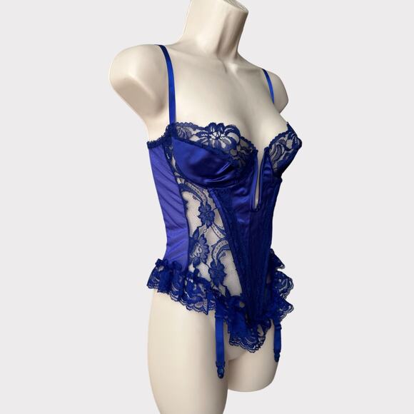 Vintage Satin Lace Wired U-Gore Bustier, Size S, Royal Blue - Picture 2 of 12